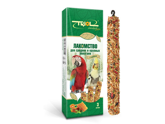 Палочки Триол Стандарт д/попугаев сред. и круп. с медом 80г, 3 шт.кор., 100шт.упак.