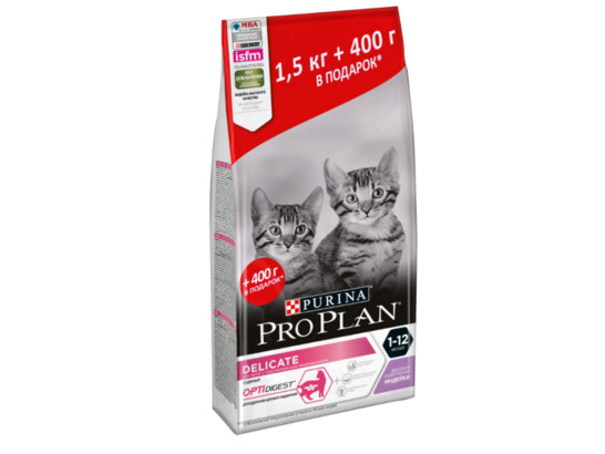 Pro Plan для котят с чувствительным пищеварением DELICATE Kitten, индейка, 1.5кг+0.4кг