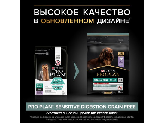 Pro Plan Grain Free для собак Small&Min Adult Чувств.пищев., Индейка, 2.50кг