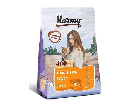 Карми для кошек 400г Здоровье кожи и шерсти, Лосось, Karmy, сух.корм