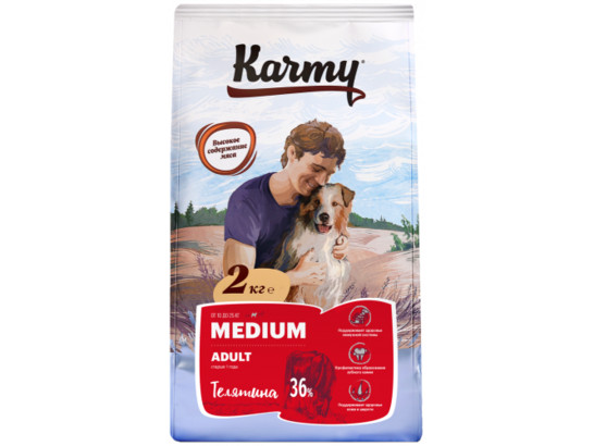 Карми для собак сред. пород 2кг Эдалт, Телятина, Karmy, сух.корм