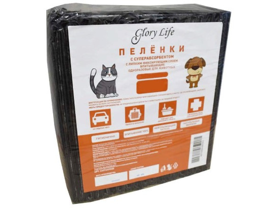 Пеленка 60*60см Глори Лайф суперабсорбент с липким фиксир. слоем, ЧЕРНЫЕ, 20 шт.упак, Glory Life