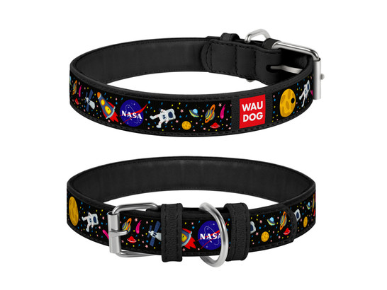 Ошейник 35мм 46-60см с рисунком NASA металлическая пряжка Waudog Design