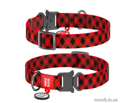 Ошейник 20мм 24-40см Waudog Nylon с рисунком Шотландка красная металлическая пряжка-фастекс