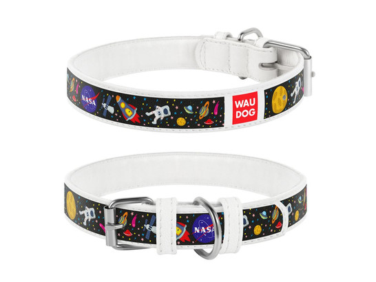 Ошейник 12мм 21см с рисунком NASA премиум кожа, металлическая пряжка Waudog Design
