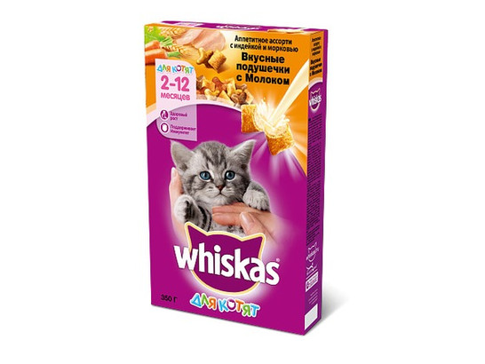 Whiskas 350г для котят Молочные подушечки, Индейка/морковь, сух. корм
