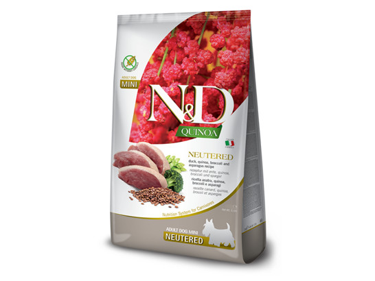Фармина ND QUINOA беззерновой д/с мелк. пород 800г Каст./Стер. Утка, брокколи и спаржа, сух.корм