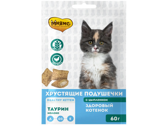 Мнямс д/котят 60г Хрустящие подушечки Здоровый котенок, Цыпленок-молоко