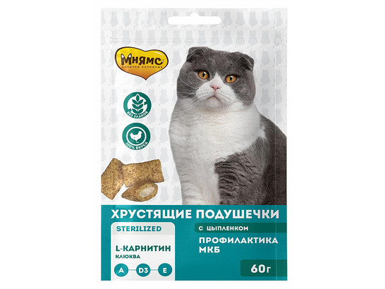 Мнямс д/к стерил. 60г Хрустящие подушечки Профилкатика МКБ , Цыпленок-клюква
