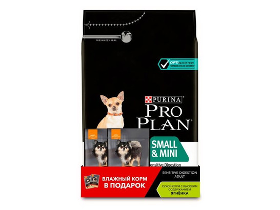 Pro Plan для собак мелких пород Small&Mini Adult, ягненок (чувств. пищев.), 3.0кг+2пауча*0.085кг