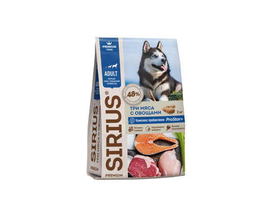 Sirius Premium для собак с повышенной активностью Adult, 3 мяса/овощи, 2кг