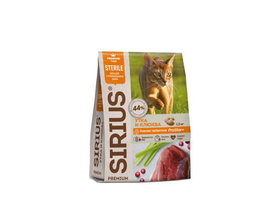 Sirius Premium для кошек Sterile Утка/клюква, 1.5кг