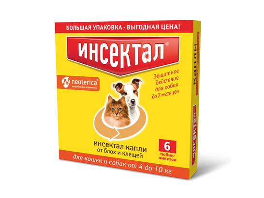 Капли Инсектал д/с и д/к 4-10 кг от клещей и блох 6пип упак, N112, Неотерика, 30 упак кор
