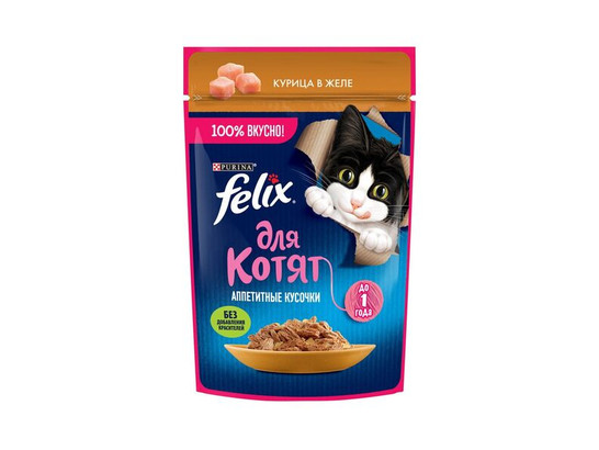Purina Felix для котят Аппетитные кусочки, Курица в желе, 0.075кг, пауч