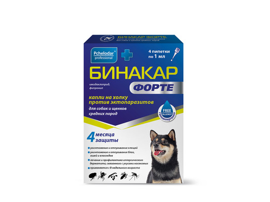Капли Бинакар Форте для собак и щенков средних пород на 5-10кг /4 пип.упак/ Пчелодар