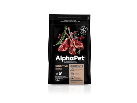 ALPHAPET для кошек взрослых с чувствит. пищеварением 1.5кг, Ягненок