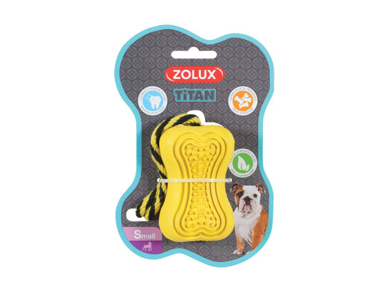 Игрушка-кормушка д/с ZOLUX Кость, Титан с веревкой, резина, желтая, 8см