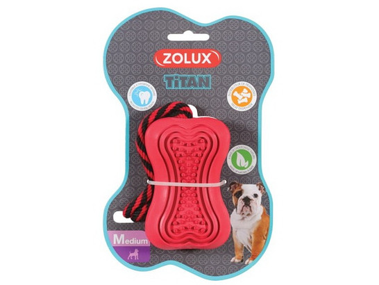 Игрушка-кормушка д/с ZOLUX Кость, Титан с веревкой, резина, красная, 10см