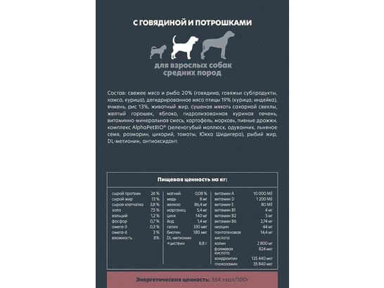 ALPHAPET для собак средних пород 12.0кг, Говядина и потрошки