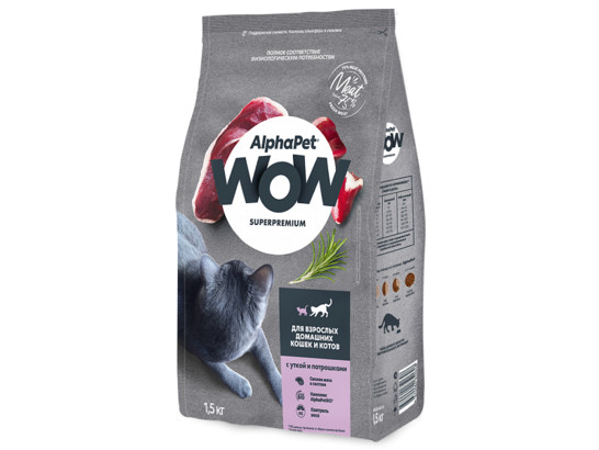 ALPHAPET WOW для кошек взрослых 1.5кг, Утка и потрошки