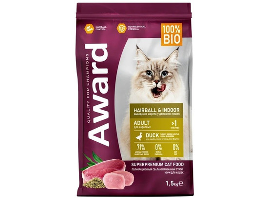 AWARD Hairball & Indoor для кошек вывед. шерсти, утка/индейка, зел.чечевица и Юкки Шидигера, 1.5кг
