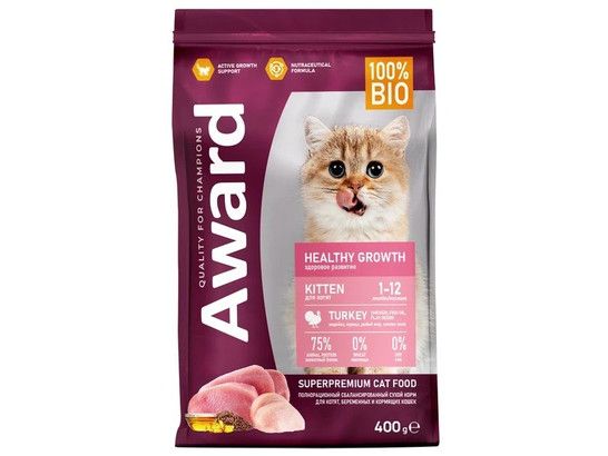 AWARD Healthy growth для котят, берем. и кормящих кошек, индейка/курица, рыбий жир и сем. льна, 0.4кг