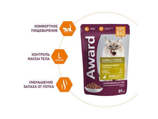 AWARD Hairball & Indoor для кошек вывед. шерсти, кусочки в соусе с уткой, 0.085кг