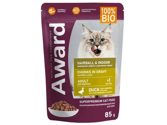 AWARD Hairball & Indoor для кошек вывед. шерсти, кусочки в соусе с уткой, 0.085кг