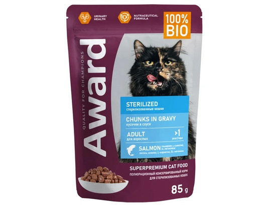 AWARD Sterilized для кошек, кусочки в соусе с лососем, 0.085кг