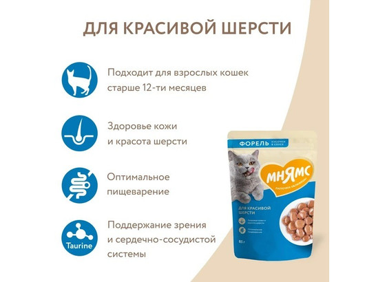 Мнямс д/к 85г Кусочки в соусе с форелью для красивой шерсти