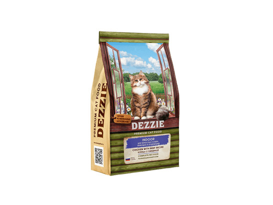 DEZZIE Indoor Adult Cat для взрослых кошек живущих в помещении, Курица с Говядиной, 0.4кг