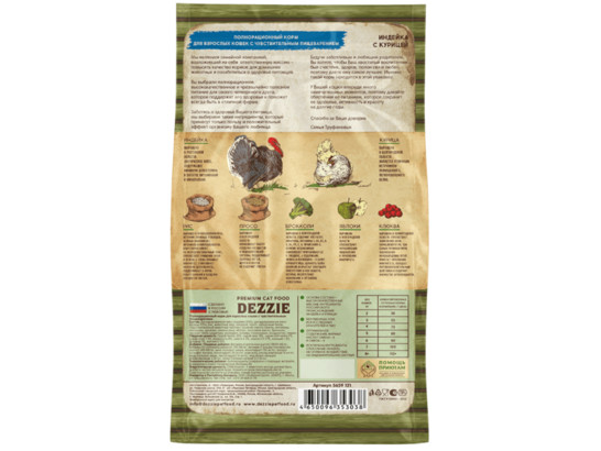 DEZZIE Sensitive Digestion Cat для взрослых кошек с чувствительным пищеварением,  Индейка с Курицей, 0.4кг