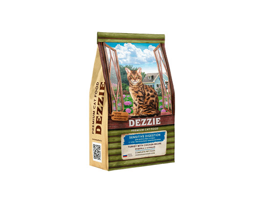 DEZZIE Sensitive Digestion Cat для взрослых кошек с чувствительным пищеварением,  Индейка с Курицей, 0.4кг