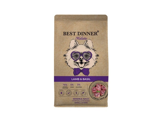 BEST DINNER Holistic для собак мелк.пород При чувств. пищеварении и аллергии, Ягненок/базилик, 1.5кг