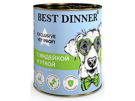 BEST DINNER для собак HYPOALLERGENIC, Индейка/утка, 0.34кг, конс.