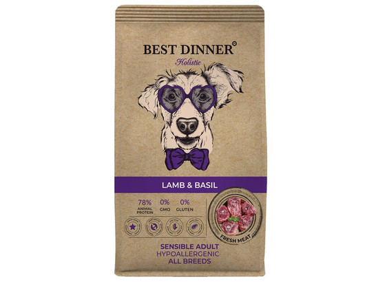 BEST DINNER Holistic для собак ВСЕХ пород При чувств. пищеварении и аллергии, Ягненок/базилик, 3.0кг