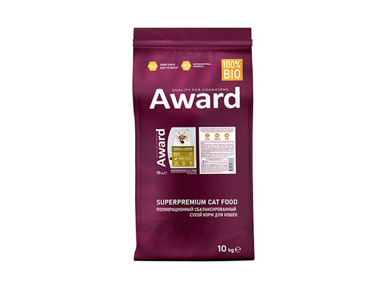 AWARD Hairball & Indoor для кошек вывед. шерсти, утка/индейка, зел.чечевица и Юкки Шидигера, 10.0кг