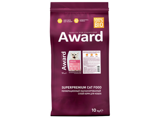 AWARD Sterilized для кошек стерил., индейка/курица, клюква и цикорий, 10.0кг