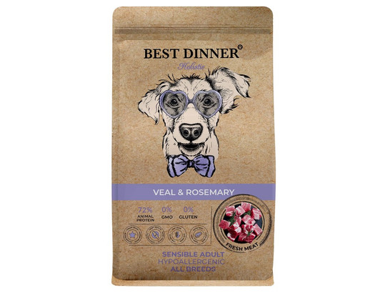 BEST DINNER Holistic для собак ВСЕХ пород При чувств. пищевар. и аллергии, Телятина/розмарин, 3.0кг