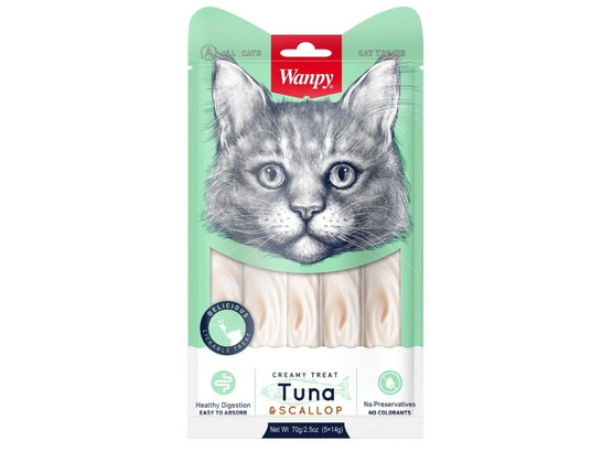 Лакомство Wanpy Cat  д/кошек 70г нежное пюре из тунца и гребешка